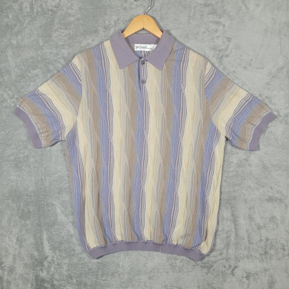 St. Croix Polo Shirt Mens M Purple Knits Cotton Tencel Textured Stripe Vintage